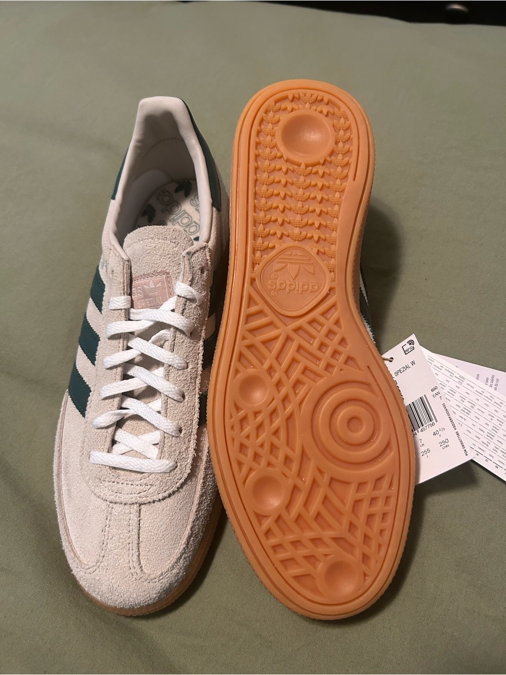 adidas Suede Sneakers in Off-White with Dark Green Stripes and Gum Sole - Picture 10 of 15